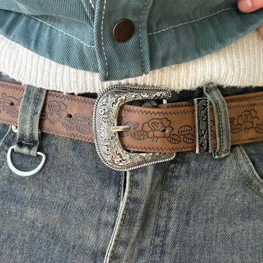 Y2K Brown Leather Belt Silver Buckle Adjustable Unisex Vintage New